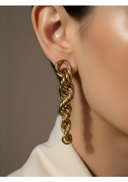 Zincir Form Gold Vip Küpe | Trend Küpe | Zarif Kadın Küpe