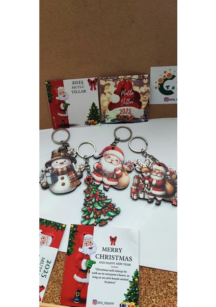 Yılbaşı Temalı Ahşap Figürler Seti, Anahtarlık ve Çanta Süsü, 4'lü Kutulu