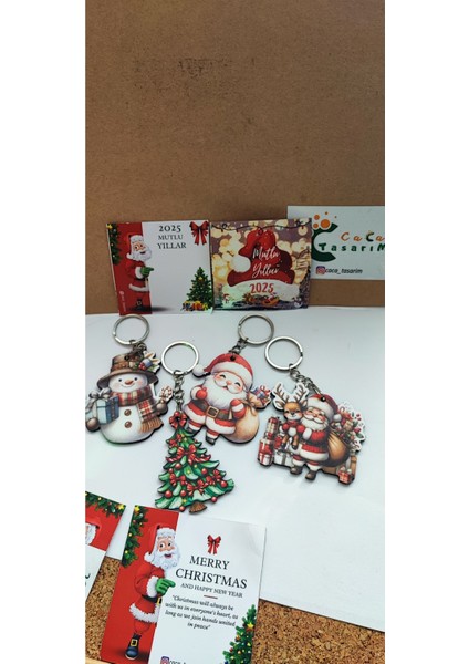 Yılbaşı Temalı Ahşap Figürler Seti, Anahtarlık ve Çanta Süsü, 4'lü Kutulu fiyatları