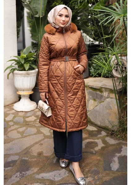 Taba Kapüşonlu Fermuarlı Kapitone Mont