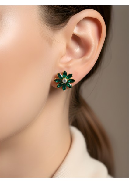 Kadın Taşlı Çiçek Form Yeşil Detaylı Abiye Küpe Zarif Model