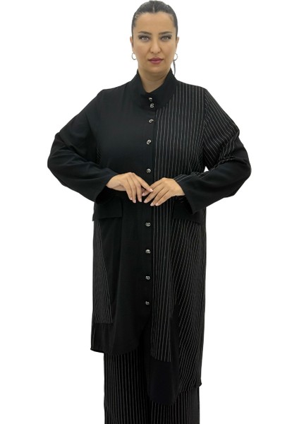 Büyük Beden Çizgili Düğmeli Tunik Gömlek Pantolon Oversize Kadın Takım
