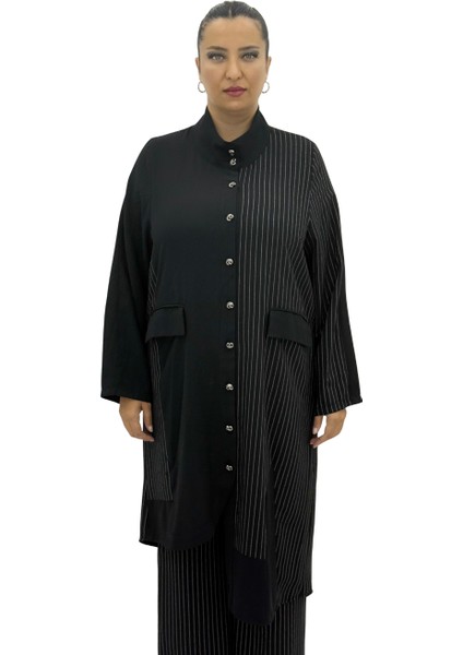 Büyük Beden Çizgili Düğmeli Tunik Gömlek Pantolon Oversize Kadın Takım fiyatları