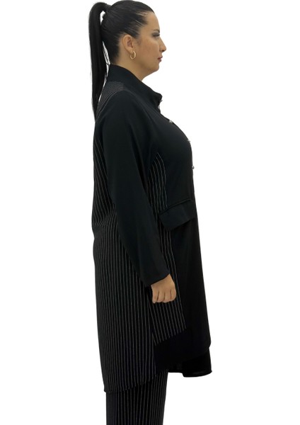 Büyük Beden Çizgili Düğmeli Tunik Gömlek Pantolon Oversize Kadın Takım modelleri