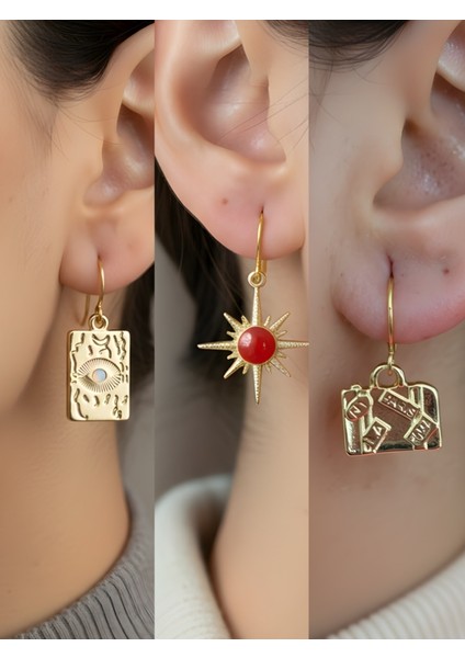 Göz Kırmızı Güneş Bavul 3’lü Sembol Kadın Küpe Set