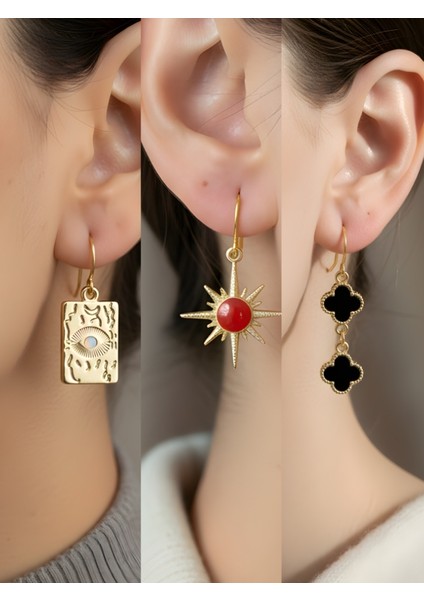 Göz Kırmızı Güneş Siyah Yonca 3’lü Sembol Kadın Küpe Set
