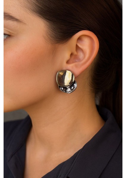 Lüks Iki Renkli Büyük Bombeli Küpe Klipsli Füme Gold Kararmaz Kadın