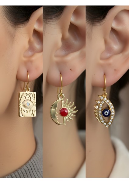 Göz Zarf Nazar Ay Güneş 3’lü Sembol Kadın Küpe Set