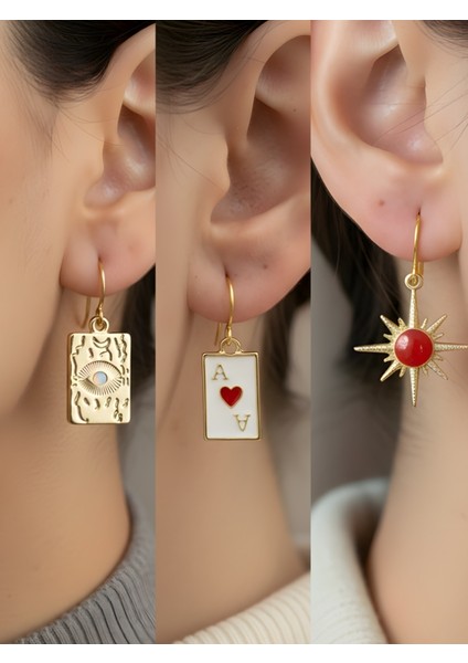 Göz Kupa As Kırmızı Yıldız 3’lü Sembol Kadın Küpe Set