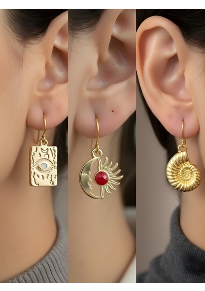 Göz Ay Güneş Deniz Kabuğu 3’lü Sembol Kadın Küpe Set