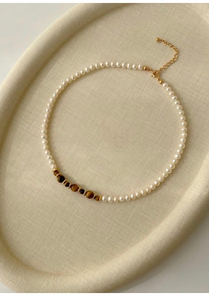 Sertifikalı Gerçek Inci ve Kaplan Gözü Doğal Taş Tasarım Kolye 45 cm