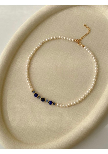 Sertifikalı Gerçek Inci ve Lapis Lazuli Tasarım Kolye 45 cm