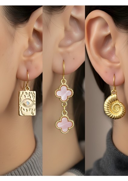 Göz Pembe Yonca Spiral 3’lü Sembol Kadın Küpe Set