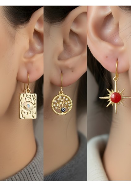 Göz Hayat Ağacı Kırmızı Güneş 3’lü Sembol Kadın Küpe Set
