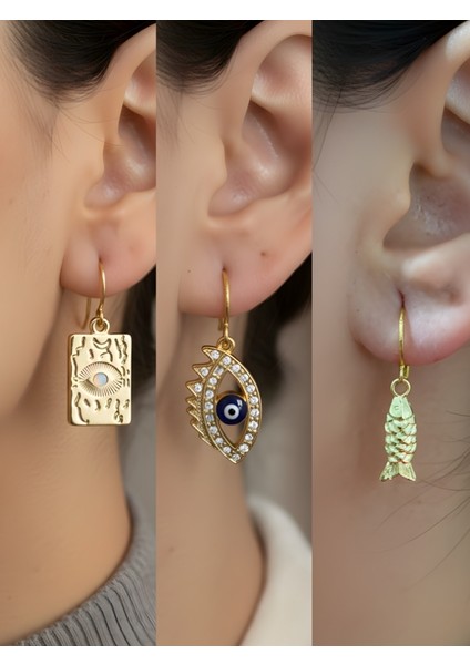 Göz Nazar Göz Balık 3’lü Sembol Kadın Küpe Set