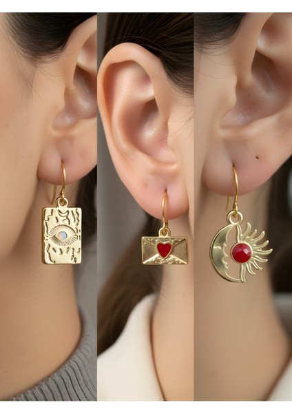 Göz Mektup Güneş Ay 3’lü Sembol Kadın Küpe Set