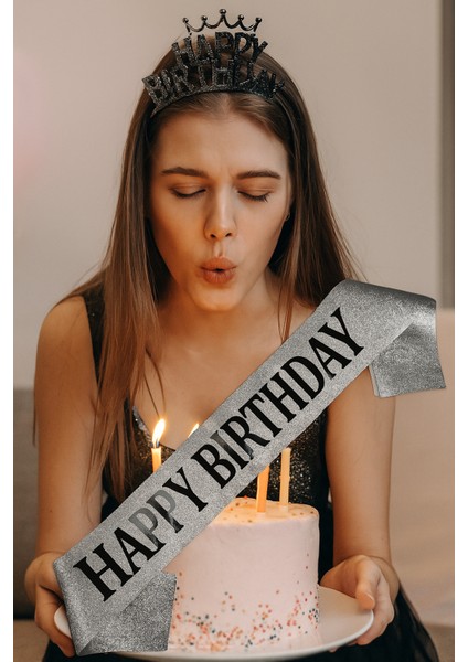 Kuşak Simli Happy Birthday Gümüş Sim Üst.siyah Bas