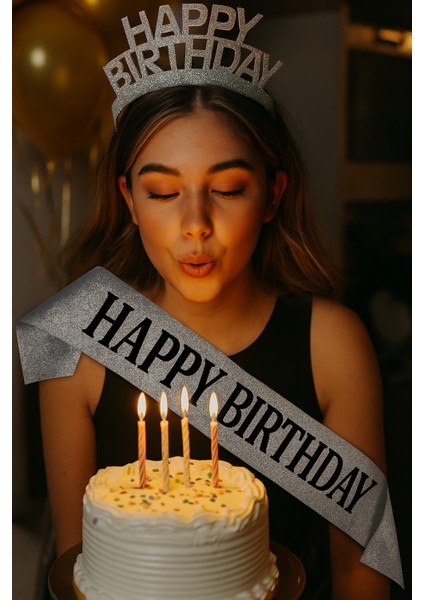 Kuşak Simli Happy Birthday Gümüş Sim Üst.siyah Bas modelleri