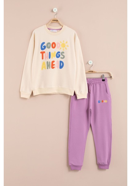 Krem Good Things Nakışlı Kız Çocuk Bisiklet Yaka Eşofman Takımı 23391