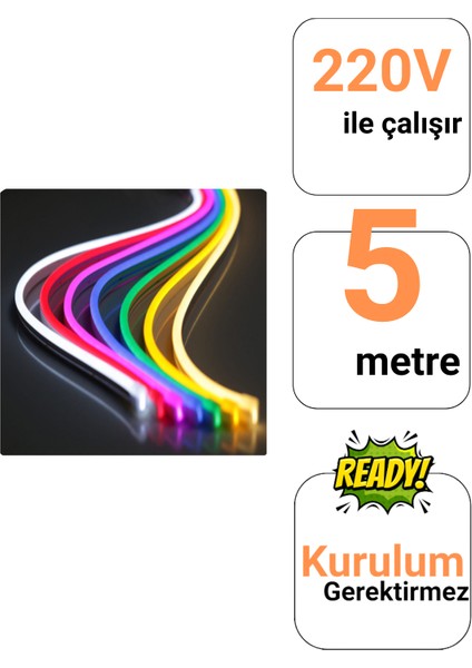 220V Rgb Neon LED Set 3 Metre | Kumandalı Renk Değiştiren Şerit | IP65 Su Geçirmez Dekoratif Aydınlatma