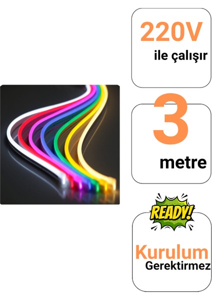 220V Rgb Neon LED Set 3 Metre | Kumandalı Renk Değiştiren Şerit | IP65 Su Geçirmez Dekoratif Aydınlatma