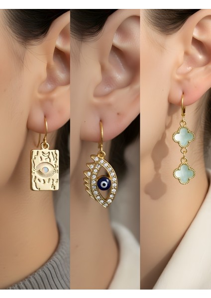 Göz Nazar Göz Yeşil Yonca 3’lü Sembol Kadın Küpe Set