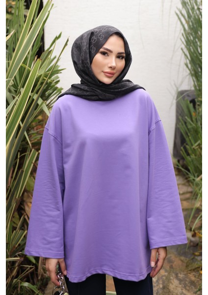 Mor Bisiklet Yaka Oversize Penye Sweat