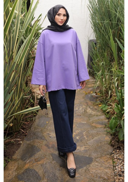 Mor Bisiklet Yaka Oversize Penye Sweat fiyatları