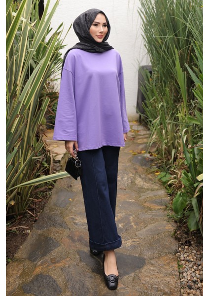 Mor Bisiklet Yaka Oversize Penye Sweat modelleri