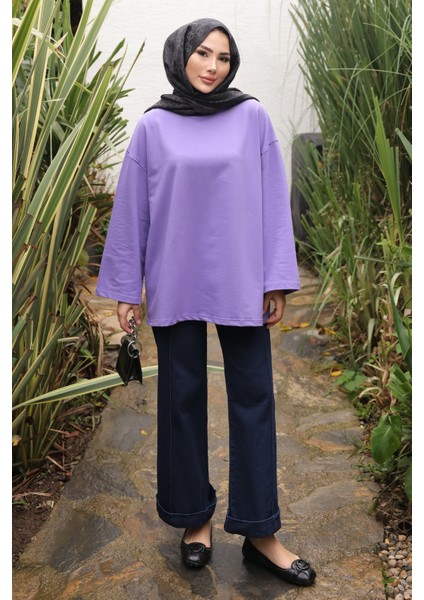 Mor Bisiklet Yaka Oversize Penye Sweat fırsatları