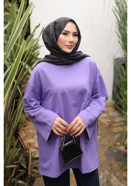 Mor Bisiklet Yaka Oversize Penye Sweat indirimleri