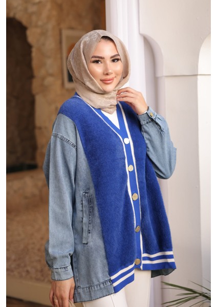 Saks Mavi Kot Garnili Yumoş Angora Hırka