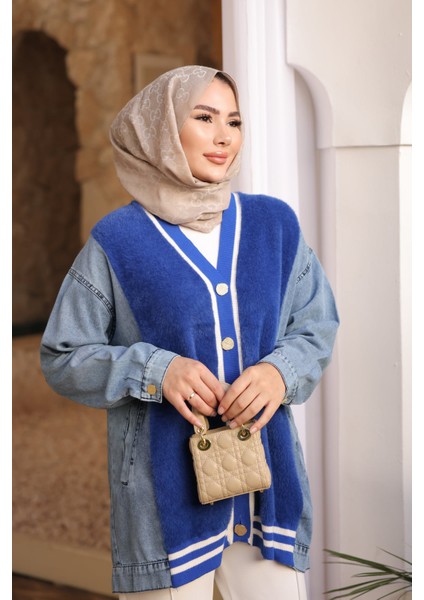 Saks Mavi Kot Garnili Yumoş Angora Hırka indirimleri