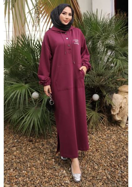 Mürdüm Baskılı Kapüşonlu İki İplik Elbise