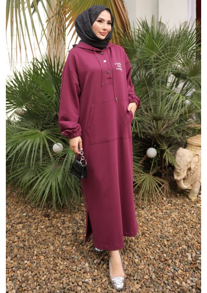 Mürdüm Baskılı Kapüşonlu İki İplik Elbise fiyatları