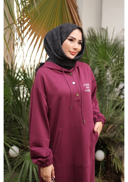 Mürdüm Baskılı Kapüşonlu İki İplik Elbise modelleri