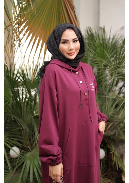 Mürdüm Baskılı Kapüşonlu İki İplik Elbise fırsatları