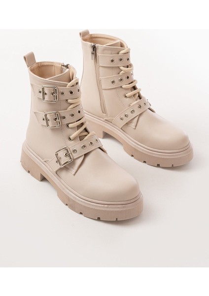 ZRİN-3039 Premium Bej Toka Aksesuarlı Fermuarlı Günlük Kadın Bot