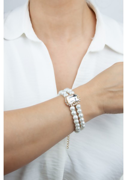 Kristal Taşlı Cam Inci Çift Sıralı Bileklik