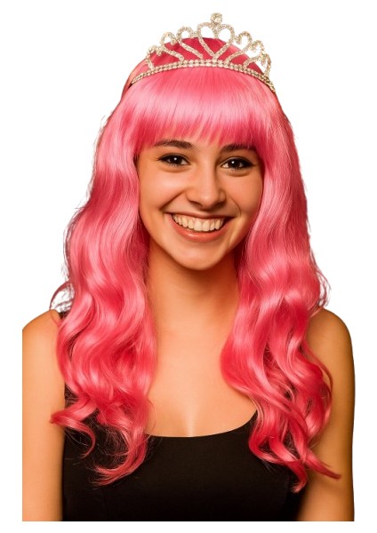 Peruk Saç Uzun Kahküllü 50 cm Pembe