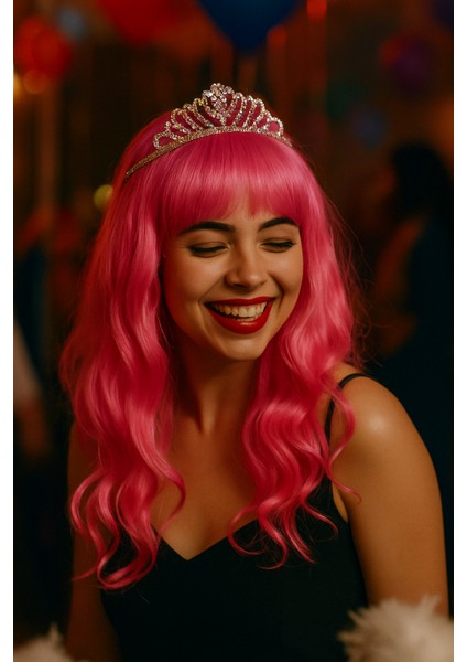 Peruk Saç Uzun Kahküllü 50 cm Pembe fiyatları