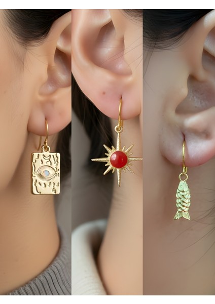 Göz Kırmızı Güneş Balık 3’lü Sembol Kadın Küpe Set