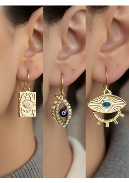 Göz Nazar Göz Turkuaz Göz 3’lü Sembol Kadın Küpe Set