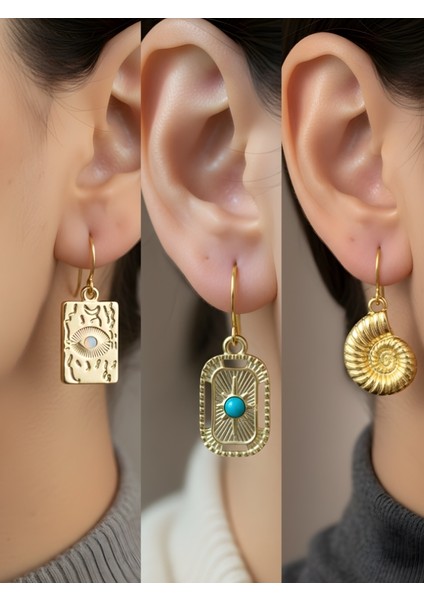 Göz Turkuaz Oval Spiral 3’lü Sembol Kadın Küpe Set