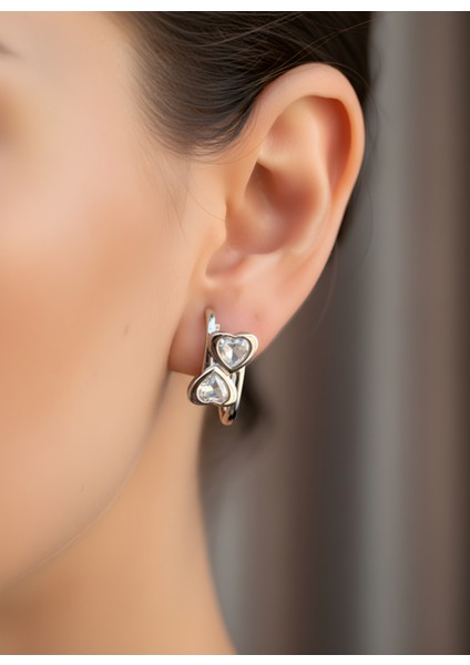 Gümüş Ton Çift Kalp Zirkon Taş Detaylı Halka Kadın Küpe