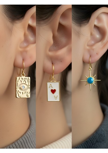 Göz Kupa As Güneş 3’lü Sembol Kadın Küpe Set