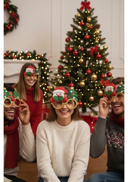 Kırmızı Yılbaşı Parti Gözlüğü – Noel Baba ve Çam Ağacı Desenli Eğlence Aksesuar modelleri