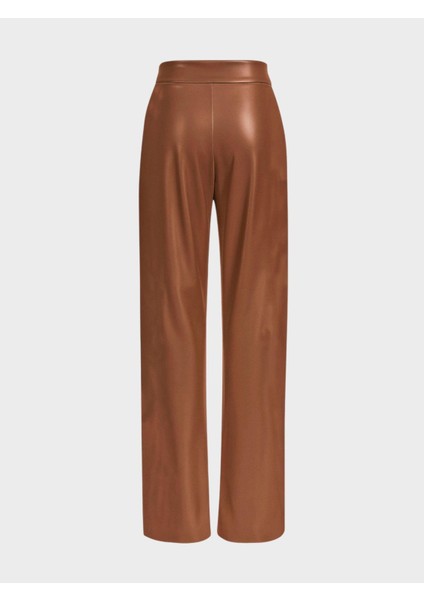 Yüksek Belli Bol Paçalı Maxi Boy Pileli Vegan Deri Pantolon - Taba modelleri