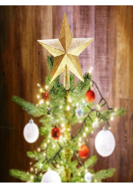 20 cm Gold Dore Simli Işıltılı Noel Yılbaşı Ağaç Süsleri Tepe Yıldızı fırsatları