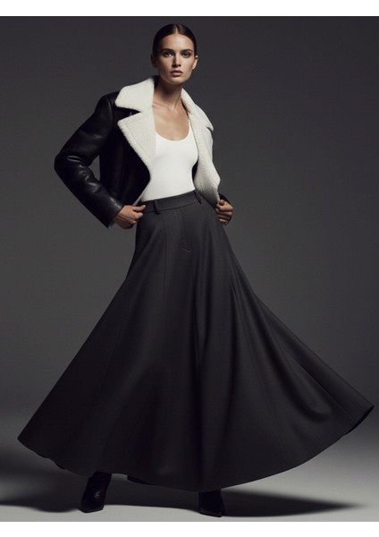 Yüksek Bel Maxi Boy Cepli Etek - Gri